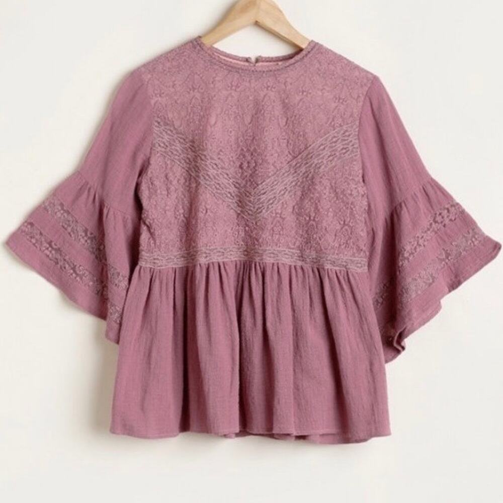 Prairie Peplum Babydoll Bell Sleeve Lace Insert Overlay Feminine Women Blouse L